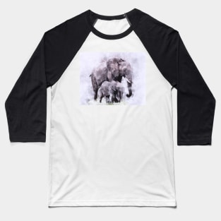 African Elephants with baby elephant calf - Watercolor Baseball T-Shirt